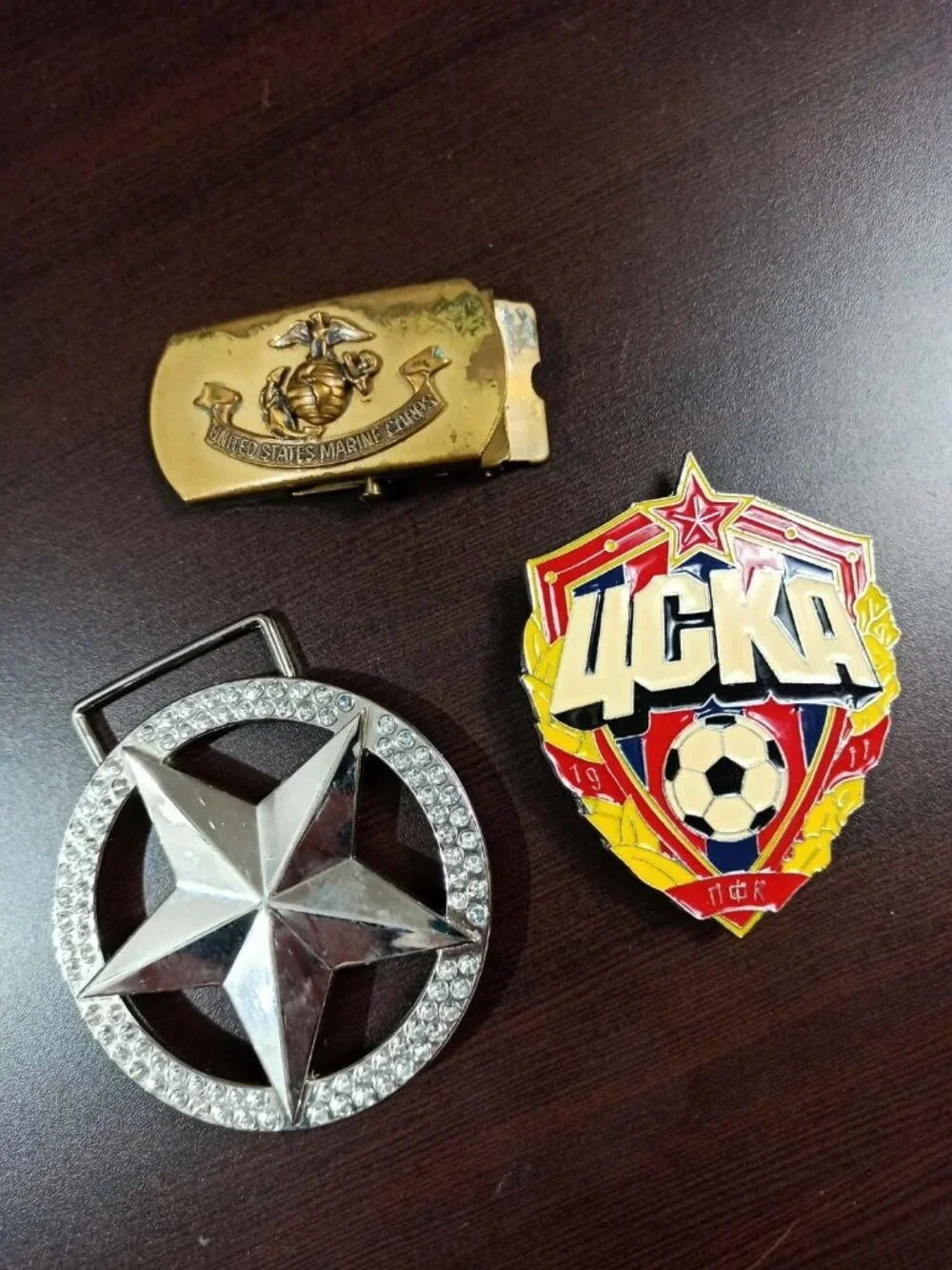 Vintage 3-piece collectible belt buckle lot featuring military, Soviet/Russian